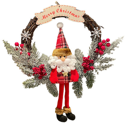 Festive Snowman and Elk Vine Christmas Wreath - Wooden Ornament