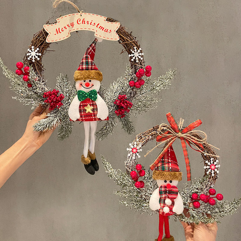 Festive Snowman and Elk Vine Christmas Wreath - Wooden Ornament